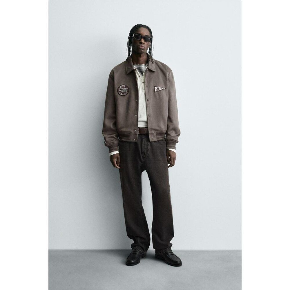 Zara Mens Faux Suede Jacket Medium brown Patch Embroidery Detail 6318/404 NWOT